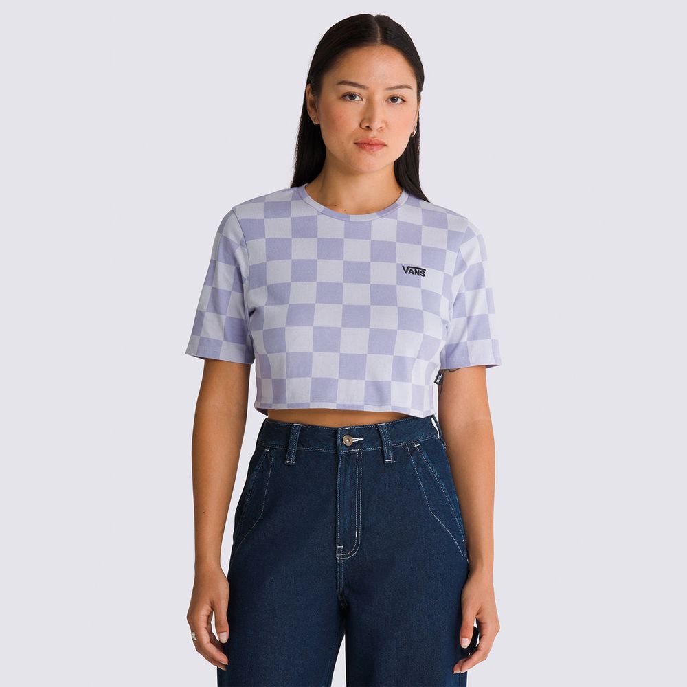 Camiseta-Corta-Morada-Checker-Crew-Crop-Ii-Mujer-Vans